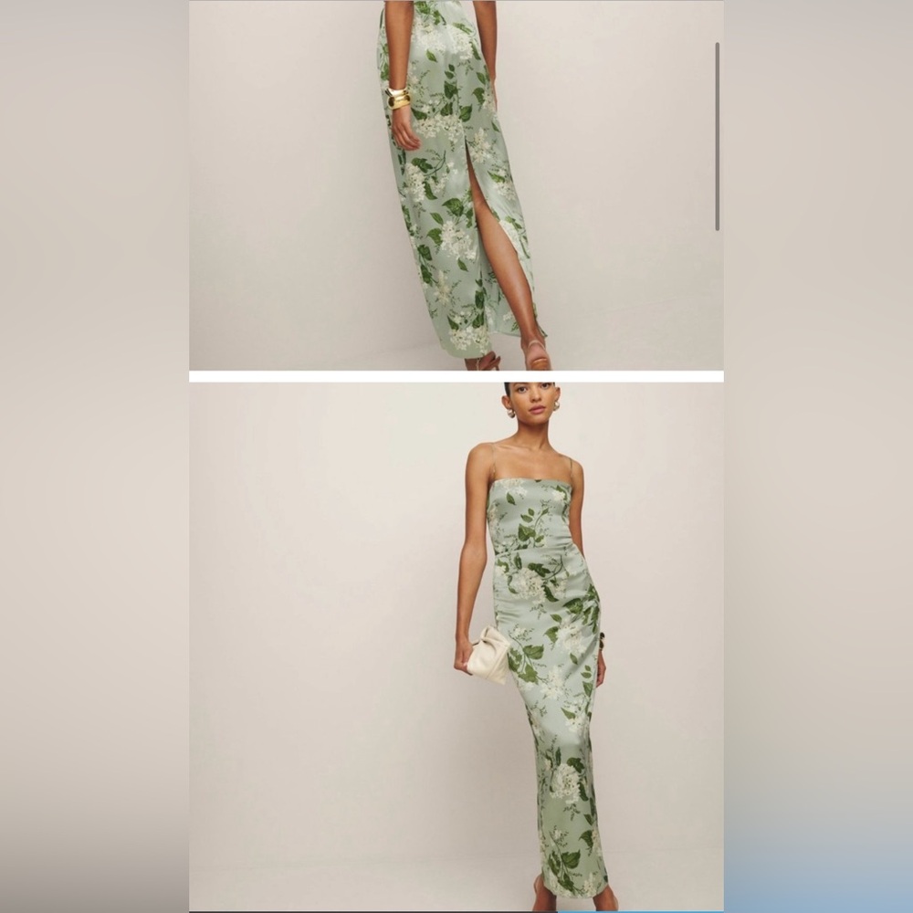 Reformation Frankie Silk Dress Tea Garden Floral Sage  Green Dress